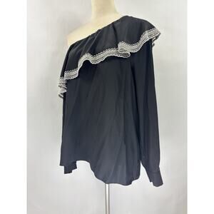 Parker One Shoulder Silk Top Black White Trim Medium Ruffled Asymmetrical